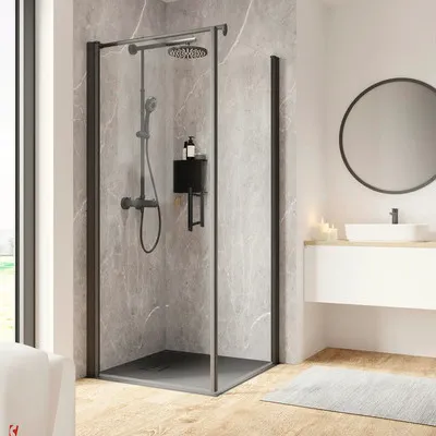Produktbild von Duschtür mit schwenkbarer Seitenwand mit Drehtür SCHULTE Garant 2.0 90 x 90 cm Profil schwarz Klarglas Türanschlag links