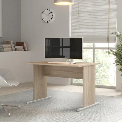 Produktbild von Forte TEMPRA 2 Schreibtisch 100 110, moderner Schreibtisch mit Kufenfüßen, Büro, Holzwerkstoff, Sonoma Eiche Holzdekor, 108 cm breit x 72 cm hoch x 72 cm tief