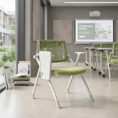 Immagine prodotto di Sedia da conferenza moderna con schienale in rete verde e supporto per tablet pieghevole