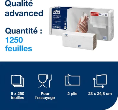 Image de Essuie-mains en papier TORK 290258 H3 Advanced pliage en zigzag 2 plis 3 750