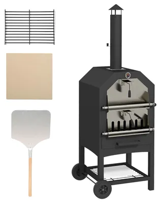 Produktbild von 2-in-1 Outdoor Pizzaofen, mit Pizzastein, Aschefach, 2x Grillrost, Thermometer, rostfrei, Schwarz