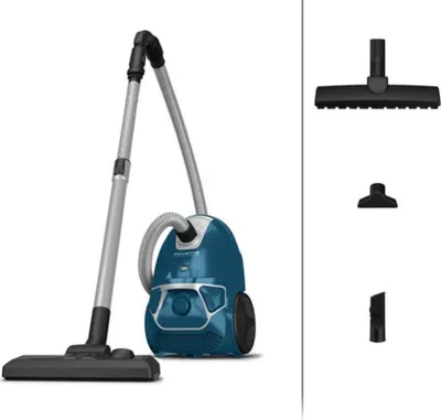 A blue and gray cylinder vacuum cleaner with its attachments displayed to the right.