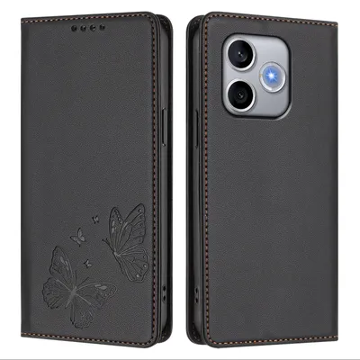 Image de Étui en cuir pour Honor 600 Lite, étui de protection type portefeuille en cuir gaufré « papillon » avec support, noir