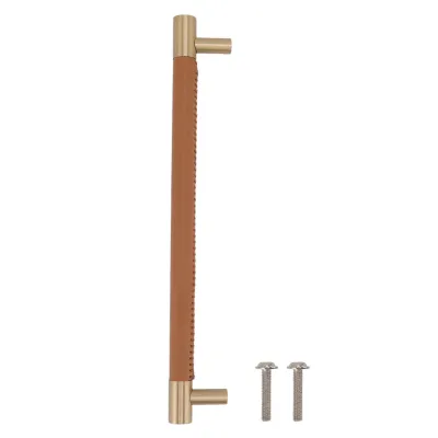 Image de Poignée de porte d'armoire, entraxe de 224 mm, cuir, laiton, marron clair, poignée à tige luxueuse pour tiroirs d'armoire