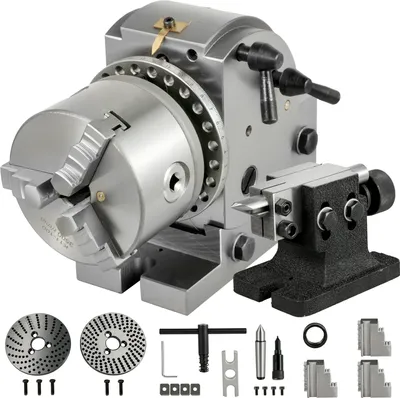 Produktbild von SucceBuy 4-Zoll-Indexierkopf zum Fräsen, 100 mm, halbuniverseller Teilkopf mit 3-Backenfutter, Indexplatten und Reitstock für Präzisions-Drehtisch, Schwarz