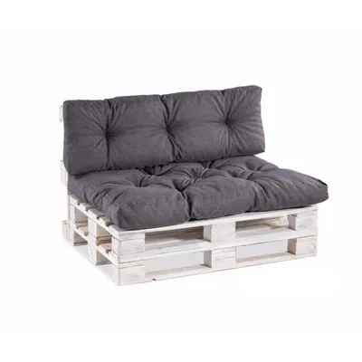 A pallet sofa with grey cushions on a white background.