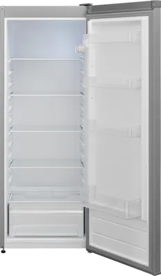 An open, empty refrigerator with shelves and door compartments.