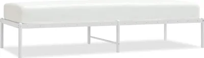 A white metal bed frame with a white mattress on top, shown from a side angle against a white background.