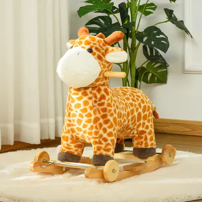 Zdjęcie produktu dla Huśtawka w kształcie żyrafy 2 w 1 z dźwiękiem i kółkami, pluszowy konik na biegunach, kolor żółty | 63 x 38 x 63 cm | do 45 kg | wysokość siedziska 35 cm