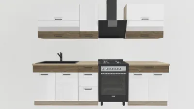 Produktbild von Küchenzeile 270 cm - FAVORIT B - Weiß Hochglanz und Sonoma Eiche - Arbeitsplatte Artisan Eiche - Einbauküche mit Metallbox Schubladen - Singleküche