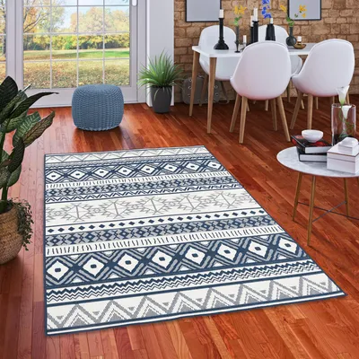 Produktbild von In- und Outdoor Teppich Beidseitig Cape Cod Ethno Blau Creme, Größe:80x140 cm