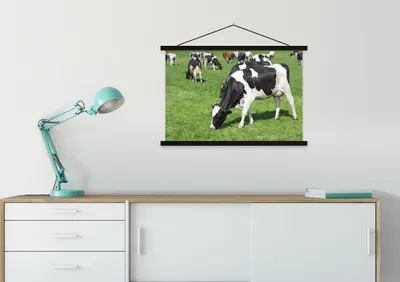Produktbild von MuchoWow® Textilposter Kuh - Tiere - Gras - Sonne 90x60 cm mit schwarzem Rahmen - Aufhängungssatz