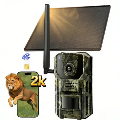 Produktbild von 4G LTE Solar Wildkamera mit Handyübertragung App Wildkamera mit SIM Karte 2K Wildkamera Bewegungsmelder Nachtsicht 0,2s Triggerze Wasserdicht GPS