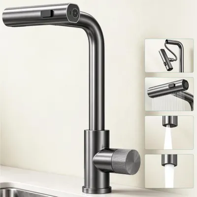 Produktbild von Mai & Mai Wasserhahn Küche Küchenarmatur mit Brause Ausziehbar, Küchenwasserhahn 360°Schwenkbar 3 Sprühfunktionen, Mischbatterie Grau Turnix-02