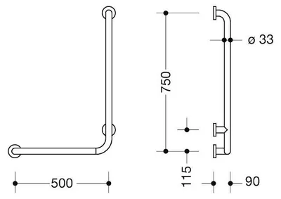 Produktbild von HEWI Winkelgriff Ser 805, Edelstahl d:33mm, AM:750mm W:500mm links, 1 Stk.