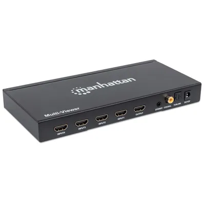 Produktbild von Manhattan 1080p 4-Port HDMI Multiviewer Switch, Zur Verwendung als klassischer HDMI-Switch oder zur Darstellung von bis zu vier HDMI-Quellen auf einem Display, vier Eingänge, ein Ausgang, Fernbedienung, schwarz, HDMI, Metall, Schwarz, 480i, 480p, 576i, 576p, 720p, 1080i, 1080p, 2,25 Gbit/s, Aktivität, Leistung