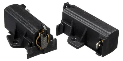 Two black carbon brushes with gold-colored metal parts, presented on a white background.