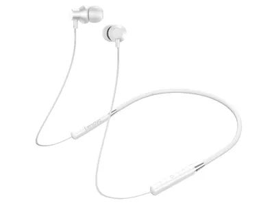 A pair of white in-ear Bluetooth headphones with a neckband.