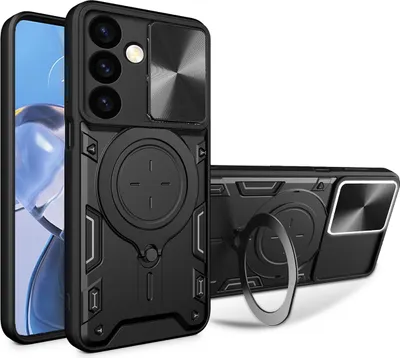 Produktbild von Handyhülle für Samsung Galaxy S24 Dual-Layer Stoßfest Rüstung Hülle mit Dia Kameraschutz und Kreisförmig Ring Ständer Schwarz