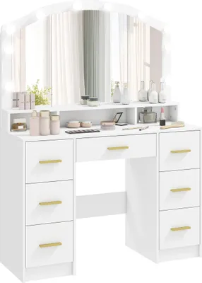 Produktbild von HOMCOM Schminktisch mit LED-Beleuchtung 3 Lichtfarben Spiegel 7 Schubladen, Weiß