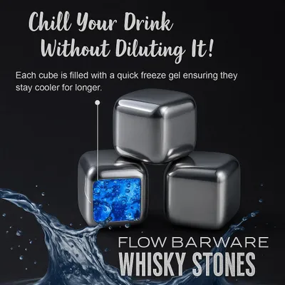 Produktbild von FLOW Barzubehör: 6 Eiswürfel aus Edelstahl – Wiederverwendbare Whiskey-Eiswürfel – Getränkeeissteine – Eiswürfel aus Metall – Kühlsteine für Whiskey – Whiskey