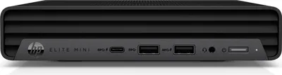 The back panel of a black HP Elite Mini desktop computer, showing various ports.