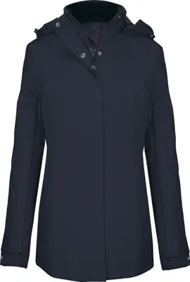A studio shot of a navy blue parka jacket.