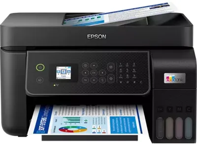 A black Epson EcoTank L5310 printer is shown from the front, with a document in the output tray and another document in the input tray.