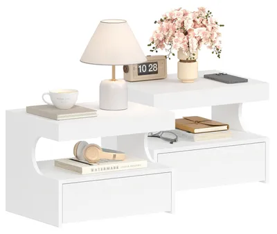 Image de Ensemble de 2 tables de nuit murales avec tiroir en blanc