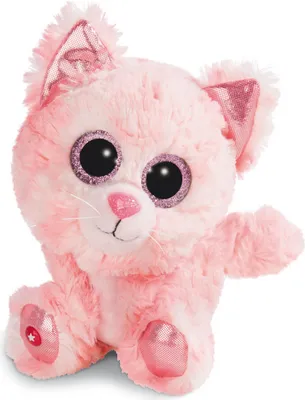 A pink plush cat toy with large glittery eyes.