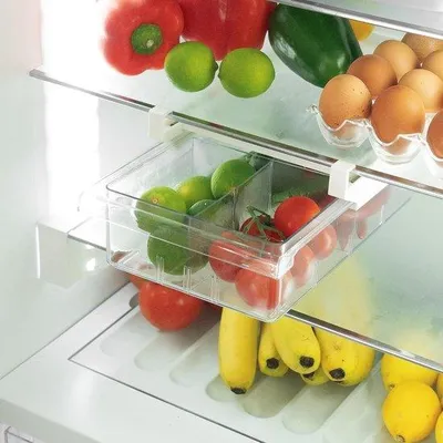 Zdjęcie produktu dla Organizer do lodówki – praktyczna szuflada kuchenna składająca się z 2 elementów [zestaw 1 szt.] – w zestawie uchwyt na 12 jajek, etykiety i pisak – regulowana w zakresie od 29 do 40 cm – nie zawiera BPA