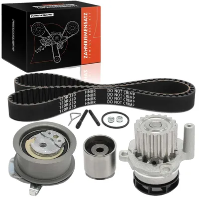 Imagen del producto de Kit de correa de distribución, con un ancho de 30 mm, una longitud de 1143 mm y 120 dientes. Incluye bomba de agua. Compatible con diversos vehículos