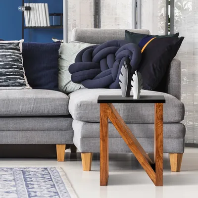 Produktbild von WOMO-DESIGN Beistelltisch N-Form 60cm, Braun-Schwarz, handgefertigt aus Massivholz Akazienholz