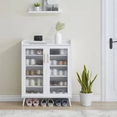 Obrázek produktu pro Botník, regál, skříňka na boty, úzká, bílá, s tvrzeným bezpečnostním sklem