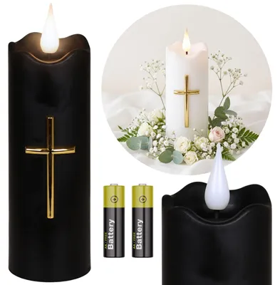 Produktbild von Schwarze LED-Kerze mit Kreuz und Flammeneffekt, batteriebetriebener Grablichteinsatz, 15,5 cm