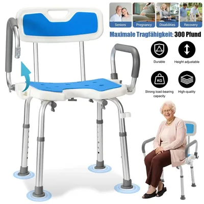 Image de Chaise de salle de bain - Siège de douche - Réglable en hauteur - Accoudoirs pliables - Aluminium - Capacité de charge jusqu'à 136 kg - Bleu