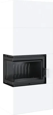 A white fireplace insert with a black glass door.