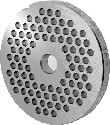 A close-up, studio shot of a metal grinder plate with many holes.