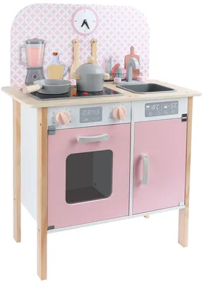Obrázek produktu pro Dětská kuchyňka, dřevěná, růžová, s troubou, dřezem, hrncem a pánví