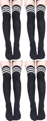 Produktbild von Krautwear Damen Strümpfe Socken Overknees Streifen Kniestrümpfe Cheerleader (4x schwarz/weiß)