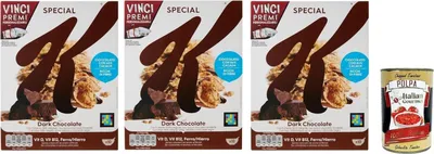 Produktbild von Special K, Cereals Dunkle Schokolade Reisflocken Vollkorn Weizen und Gerste mit Vitaminen und Mineralstoffen, Frühstückscerealien 3x 290g Getreideflocken + Italian Gourmet polpa 400g