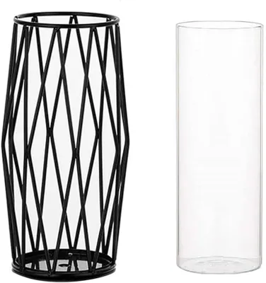 Imagen del producto de Vaso cilíndrico de vidrio con soporte de metal, 28 cm, ideal para flores tipo pampa