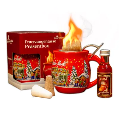 Produktbild von Feuerzangentasse 1er-Set | rot/Historischer Markt | mit Rum | Feuerzangenbowle-Set | Präsentbox