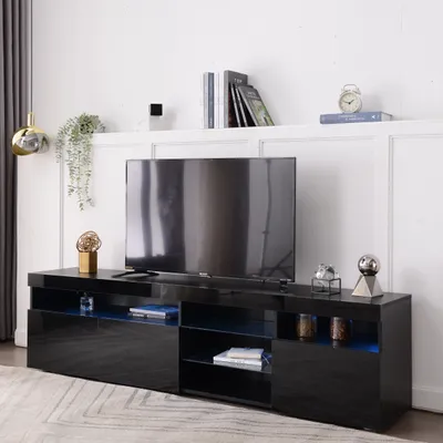 Obrázok produktu pre Fortuna Lai LED TV stolík s vysokým leskom s LED osvetlením vrátane diaľkového ovládania, TV skrinka TV stolík 180 cm Skrinky do obývačky, čierna