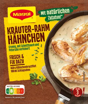 A product package for Maggi Fix Kräuter Rahm Hähnchen, showing the product name, ingredients, and a picture of the prepared dish.