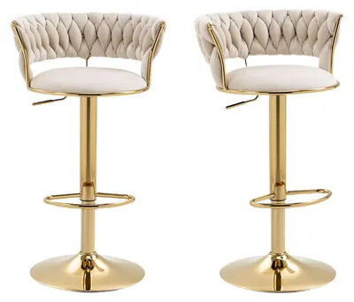 Immagine prodotto di Set di 2 sgabelli da bar in velluto, girevoli a 360° e regolabili in altezza, con schienale intrecciato, base in metallo dorato, ideali per cucina e bar, colore beige
