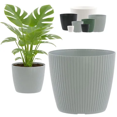Produktbild von Blumentopf Rund, Gerillter Blumentopf, Blumenabdeckung Ø 40 cm, ein Blumentopf mit vertikalen Streifen,Blumentopf für kleine und große Blumen, Kunststoff, Dekoration für Haus und Garten,Grau