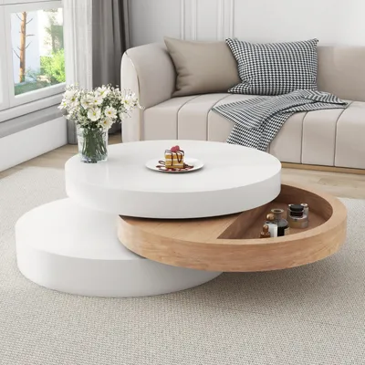 Immagine prodotto di Tavolino STILVORA con piano girevole a 360°, tavolino da soggiorno con 3 ripiani, tavolino da divano in legno di salice con spazio contenitivo