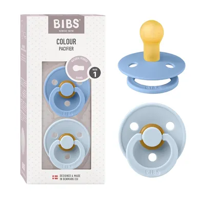 Produktbild von BIBS Colour Schnuller 2er-Pack, BPA-frei, Kirschform Nippel. Naturkautschuk / Latex, Hergestellt in Dänemark. Größe 1 (0-6 Monate), Sky Blue / Baby Blue