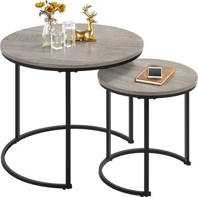 Produktbild von Yaheetech Couchtisch Rund 2er Set, Beistelltisch-Set, dekorativ, robust, Sofatisch mit Stahlrahmen,  Satztische für Wohnzimmer Schlafzimmer, Gray